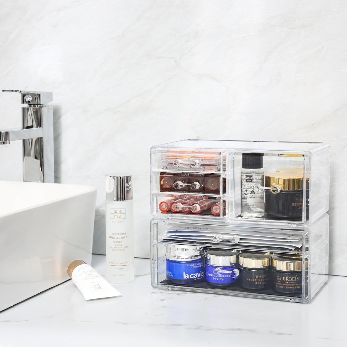 Cq acrylic 2 Pack Clear Desk Organizer With Drawers,Stackable 6 Drawers Skinc...