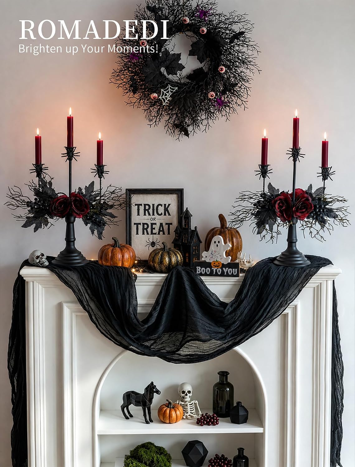 Romadedi Black Halloween Candelabra, Gothic Candlestick Holder, 15.7 in