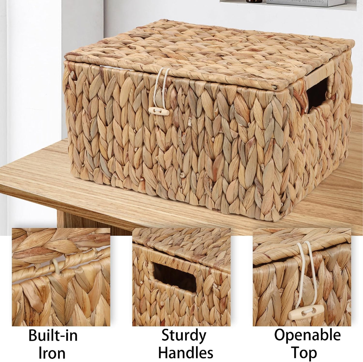 Moosky Wicker Shelf Baskets with Lid, Rectangular Storage Basket Bins with Ha...
