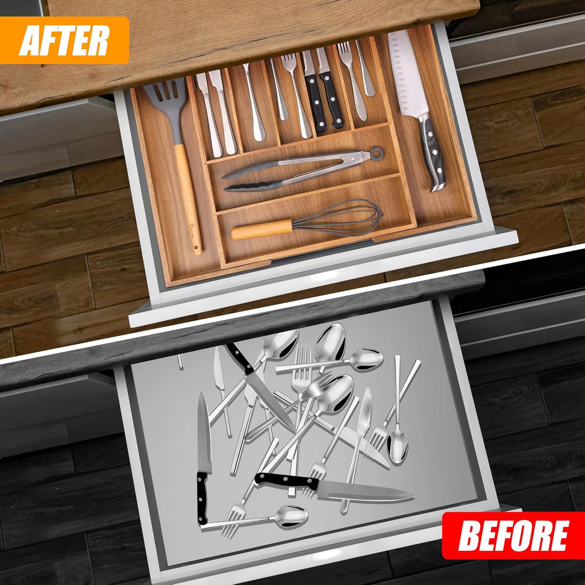 Bellsal Acacia Silverware Organizer Kitchen Drawer Organizer Expandable Bambo...