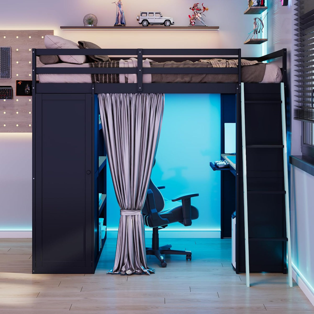 Merax Full Size Loft Bed with Desk and 6 Storage Shelves, Wardrobe, Blackout ...