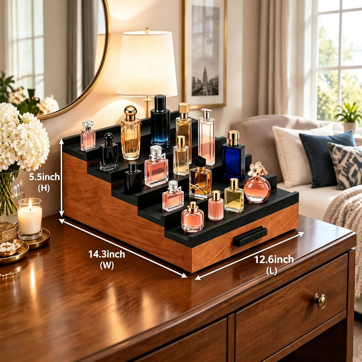 Beautiful Gift Bamboo Cologne Organizer 5-Tier:Hidden Storage Drawer