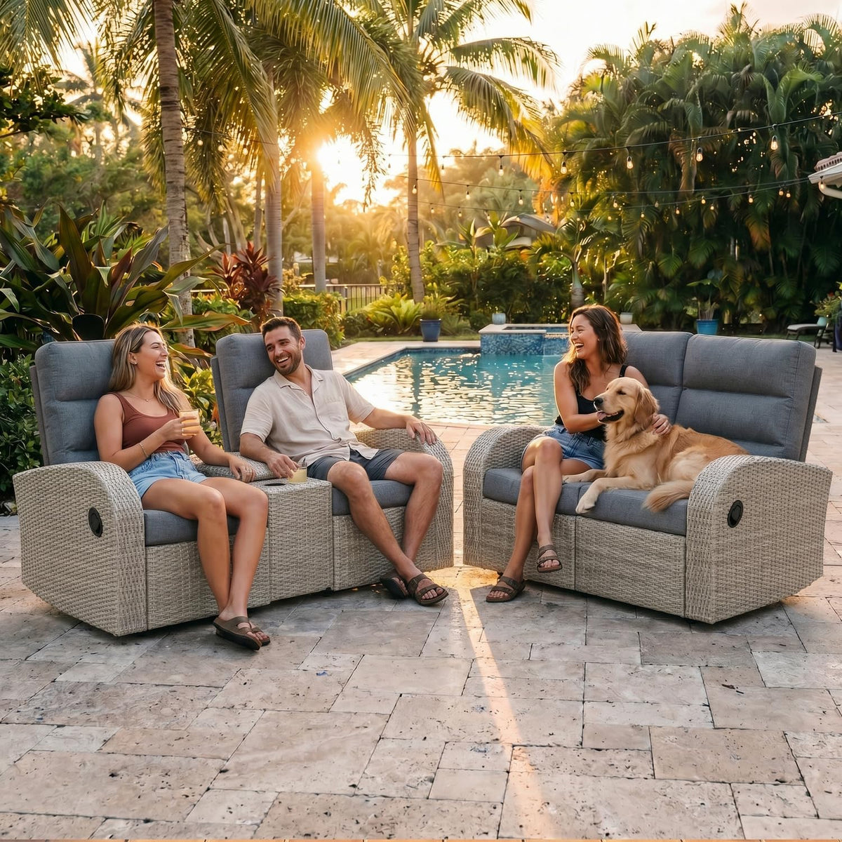 LayinSun Oversized Wicker Outdoor Recliner Lovseat with Adjustable Backrest &...