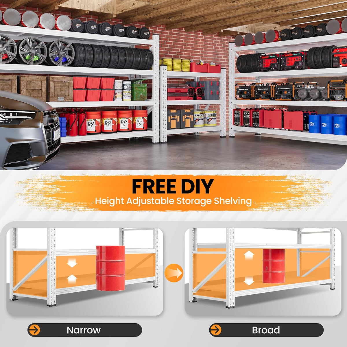 71.3” Wide Heavy Duty Metal Garage Shelving, White Storage Shelf