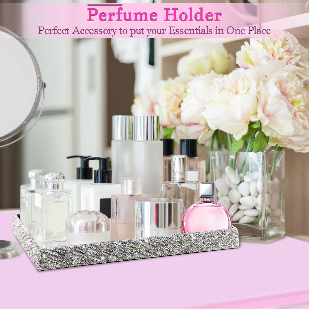 TISHAA Bling Decorative Tray Holder – Makeup Cosmetic Jewelry Ring Key Displa...