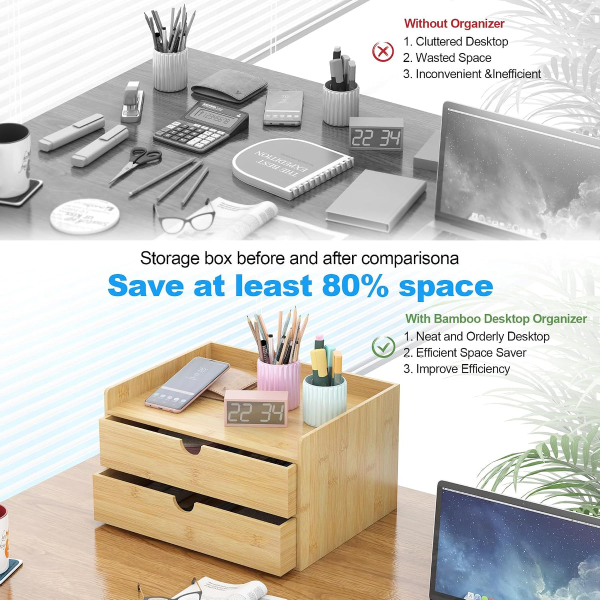 Bamboo Desk Drawer Organizer, Large Desktop Organizer with Drawers Tabletop S...