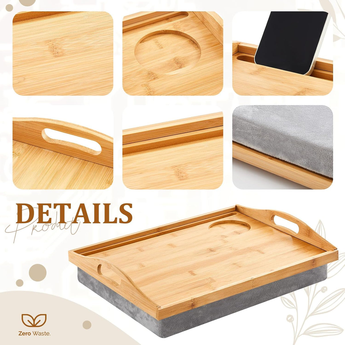 Pickmesh 1 Pcs Bamboo Lap Tray with Detachable Pillow, Wood Color
