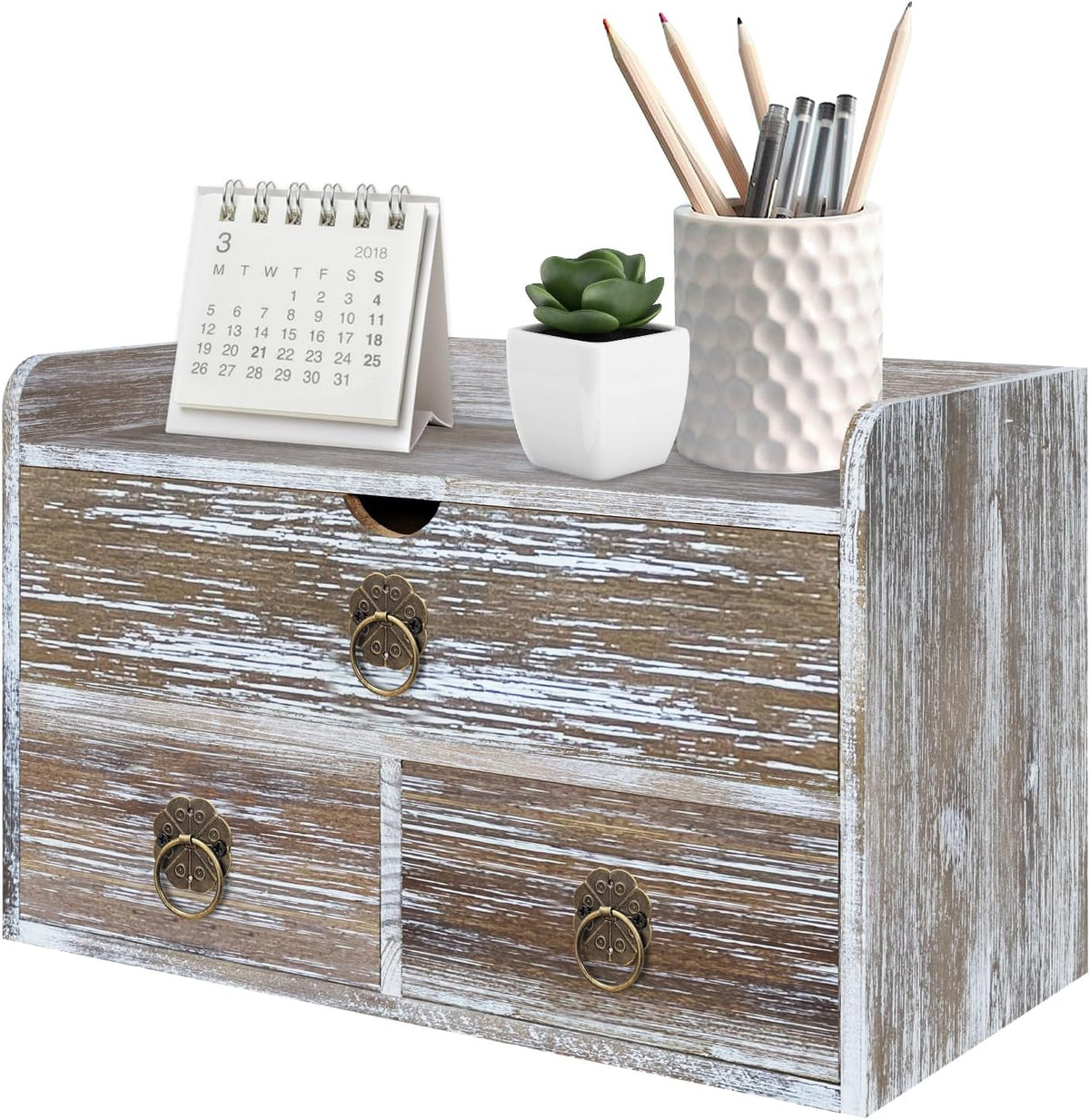 Wood Desk Organizer with Drawer, Washed Brown Wooden Desktop Organizer, Table...