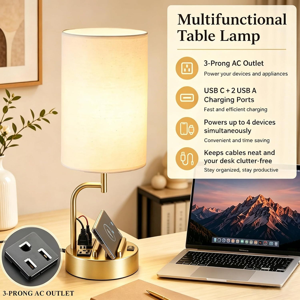 Dreamholder 2 Pack Table Lamp, Bedside Lamp with 3 USB Charging Ports & A...