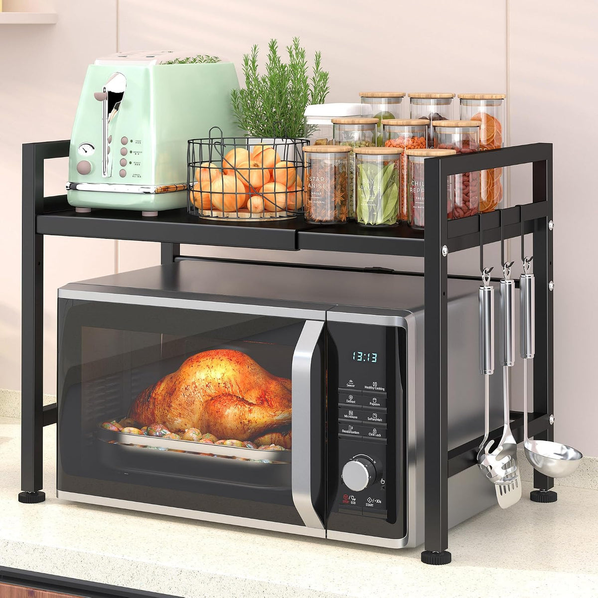 PUSDON Expandable Microwave Oven Rack, 2-Tier Countertop Baker's Rack Sty...