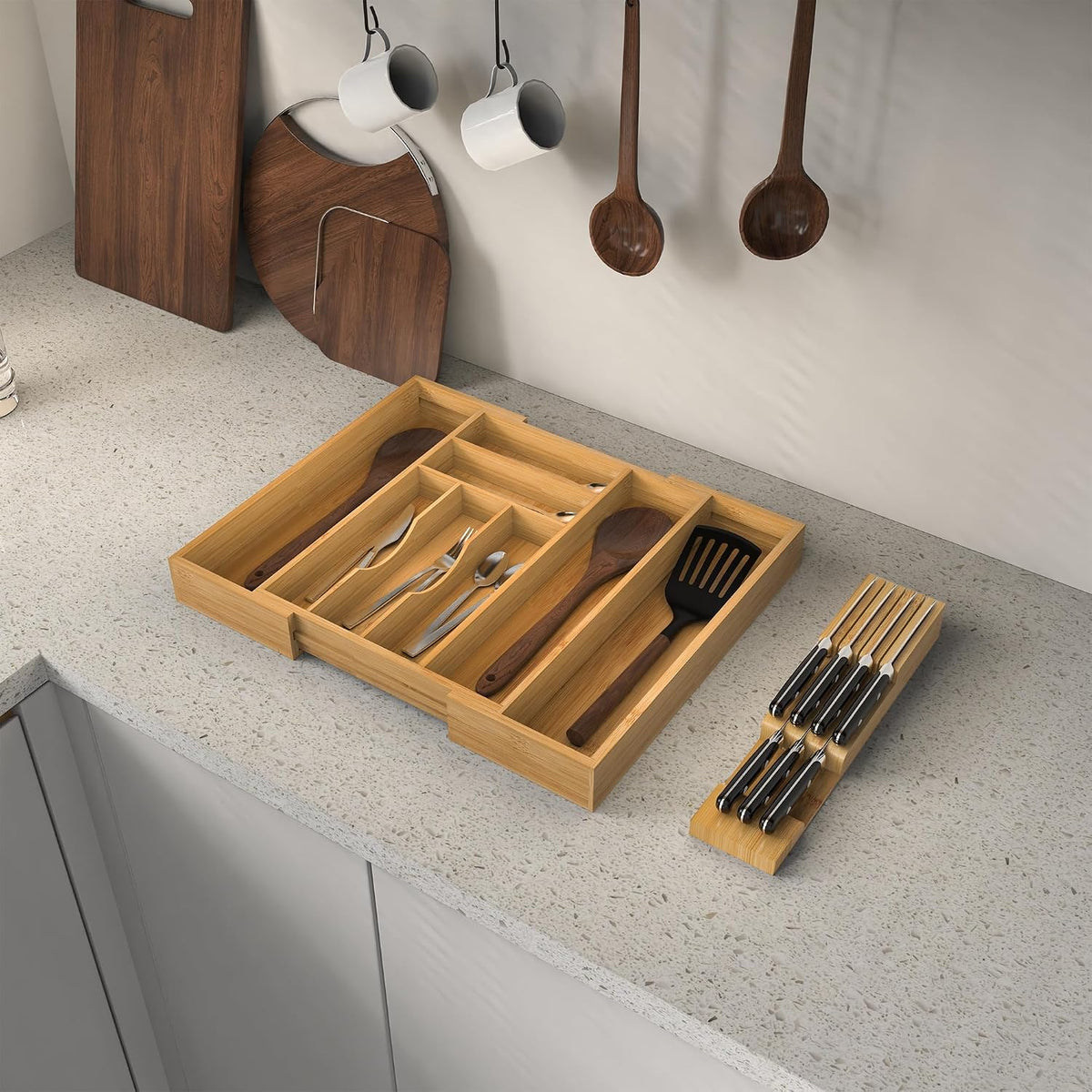 Bamboo Silverware Drawer Organizer, 6-8 Slots Kitchen Drawer Tray