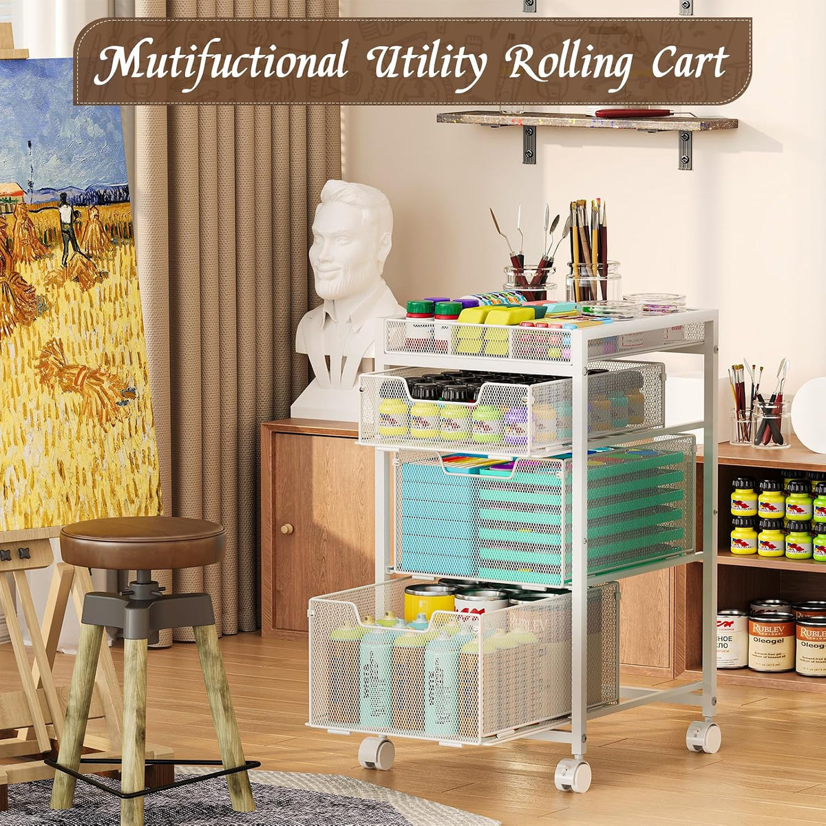 Rolling Utility Cart with 3 Drawers, Craft Organizer and Storage with DIY Div...