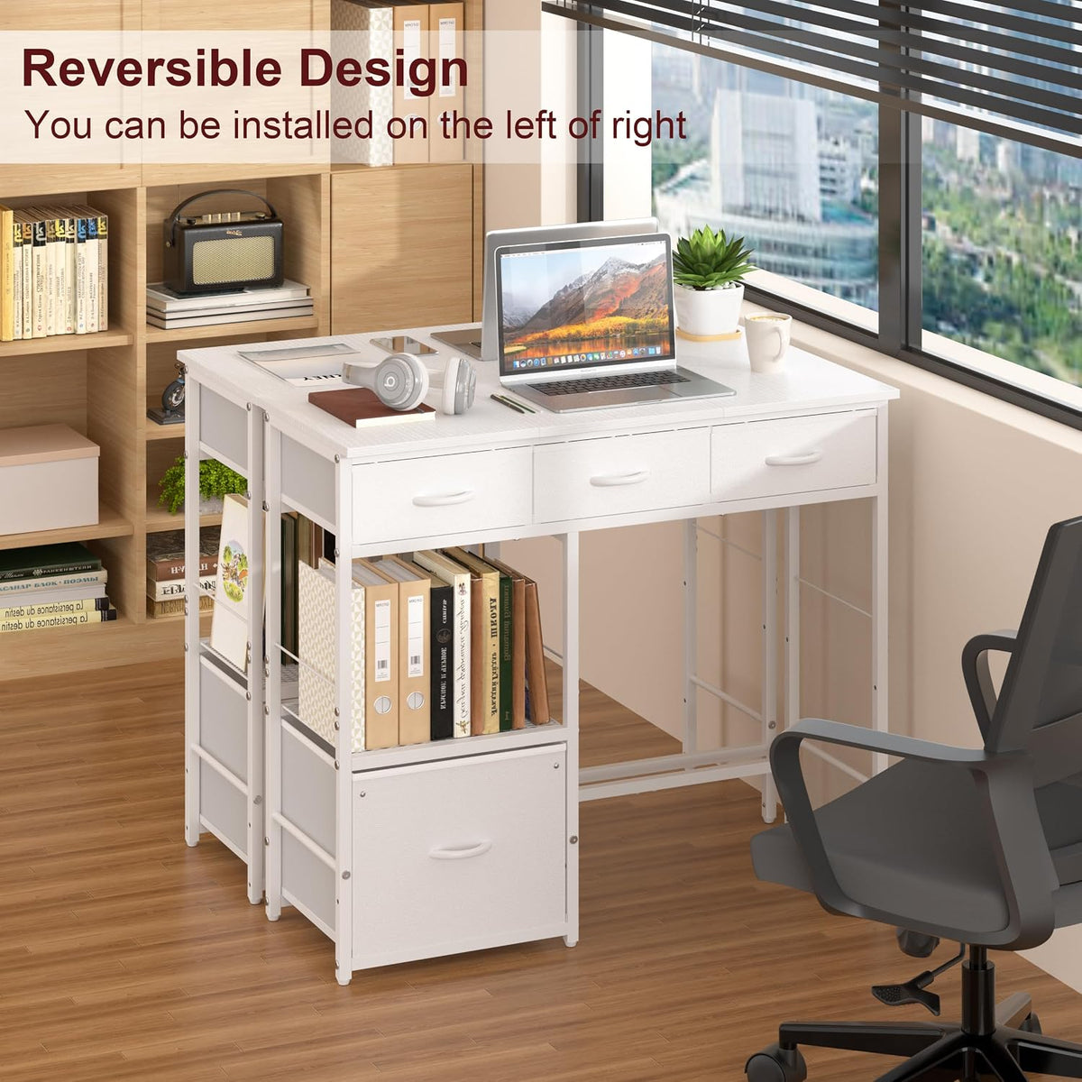 White Desk with File Drawers Cabinet, Small Writing Desk with Storage Shelf
