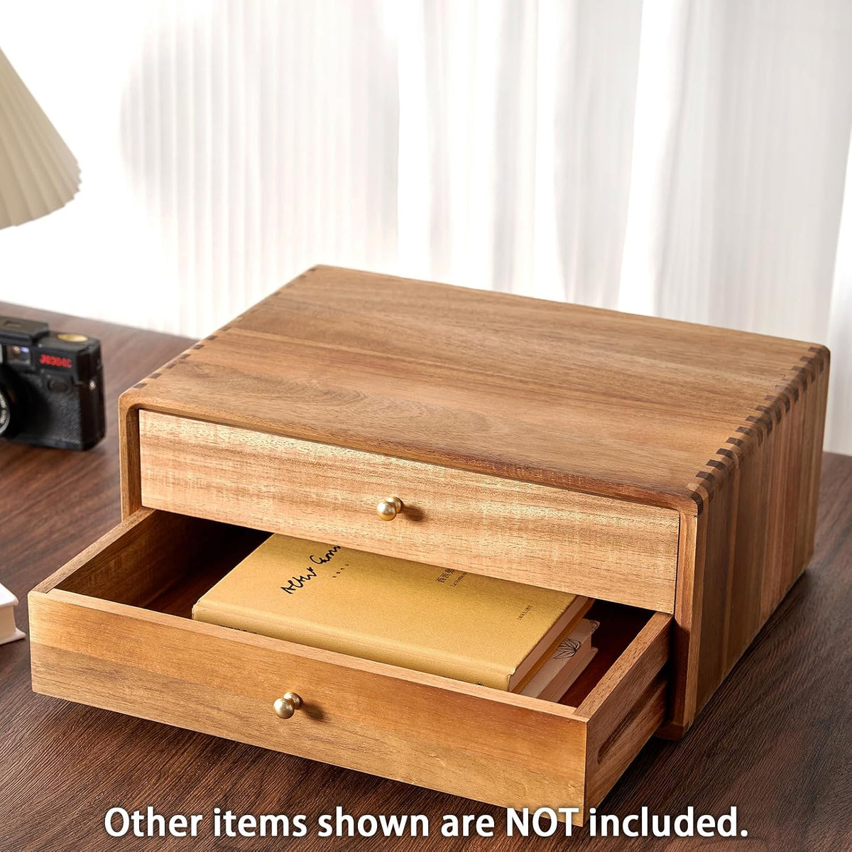 Acacia Wood Desk Organizer with 2 Drawers, Fully Assembled Dovetail Joint Des...