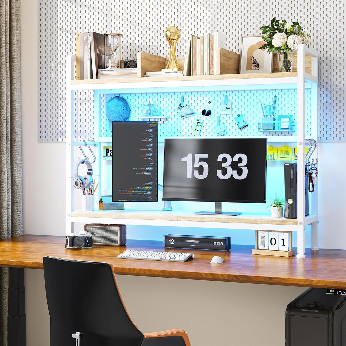 REIBII 2-Tier Desk Shelf with LED for Bedroom and Home Office, White