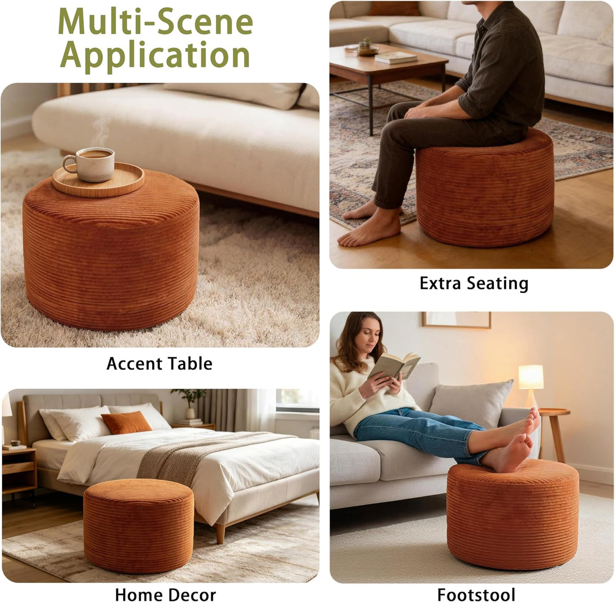 Thgonwid Round Ottoman Pouf, Corduroy Foot Rest Stool, 20x14In,Burnt Orange