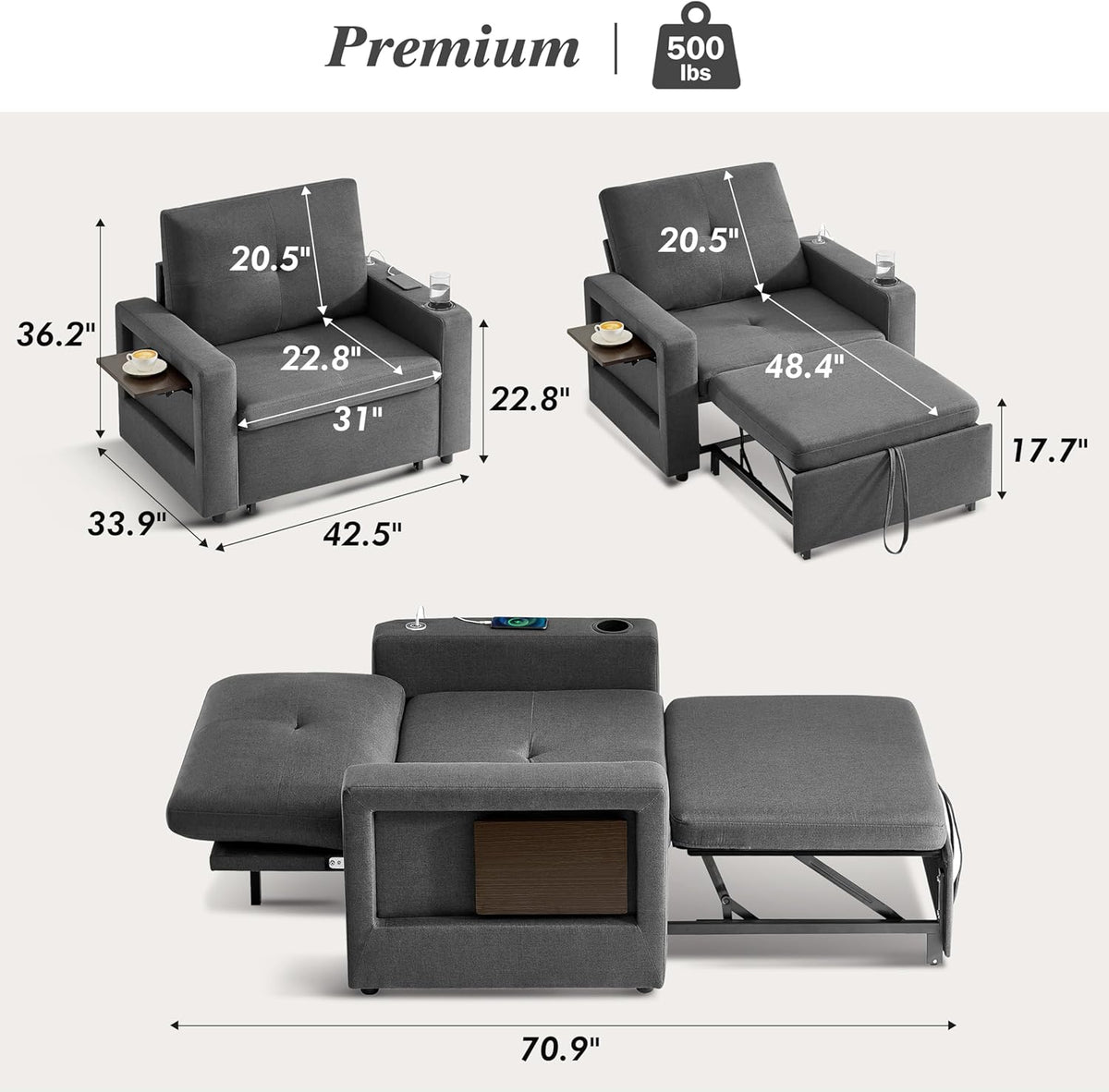 WEUP 42.5" Sleeper Chair Bed, 3-in-1 Convertible Reclining Sofa Chair wi...