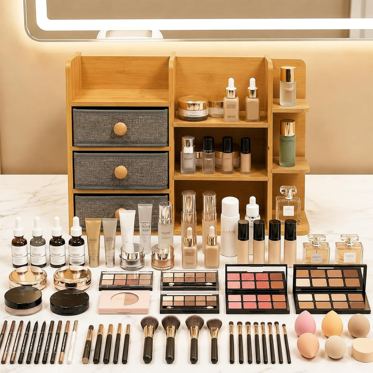 Large Makeup Organizer For Vanity, Large Capacity 3 Tiers Bamboo Bathroom Cou...
