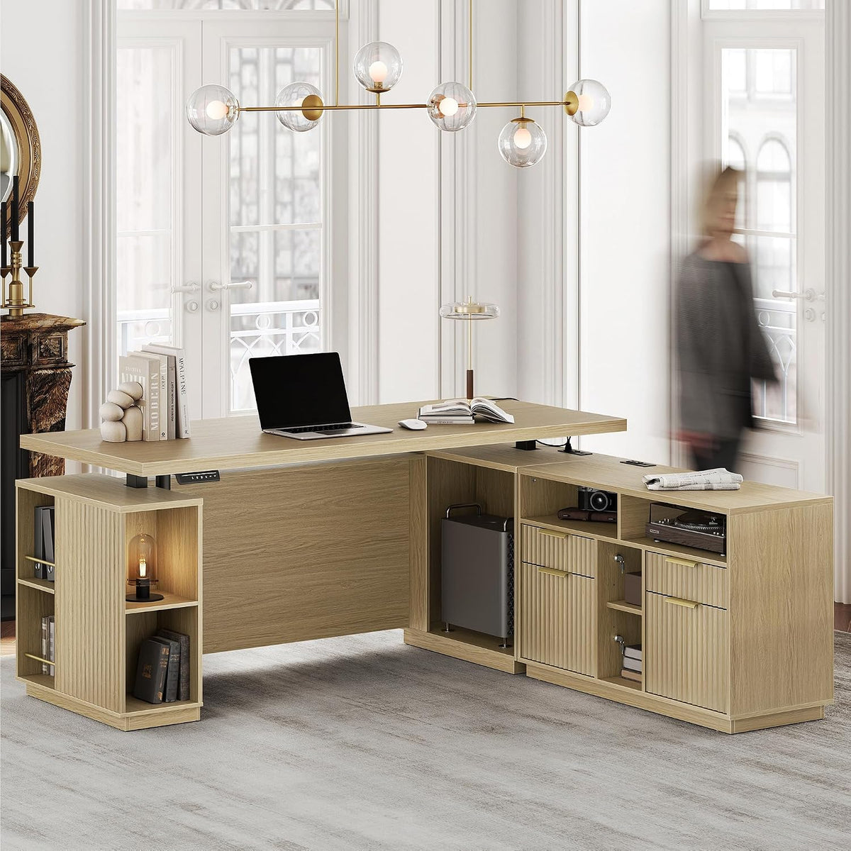 Standing Desk with File Cabinet, 70 Inch L Shaped Electric Height Adjustable ...