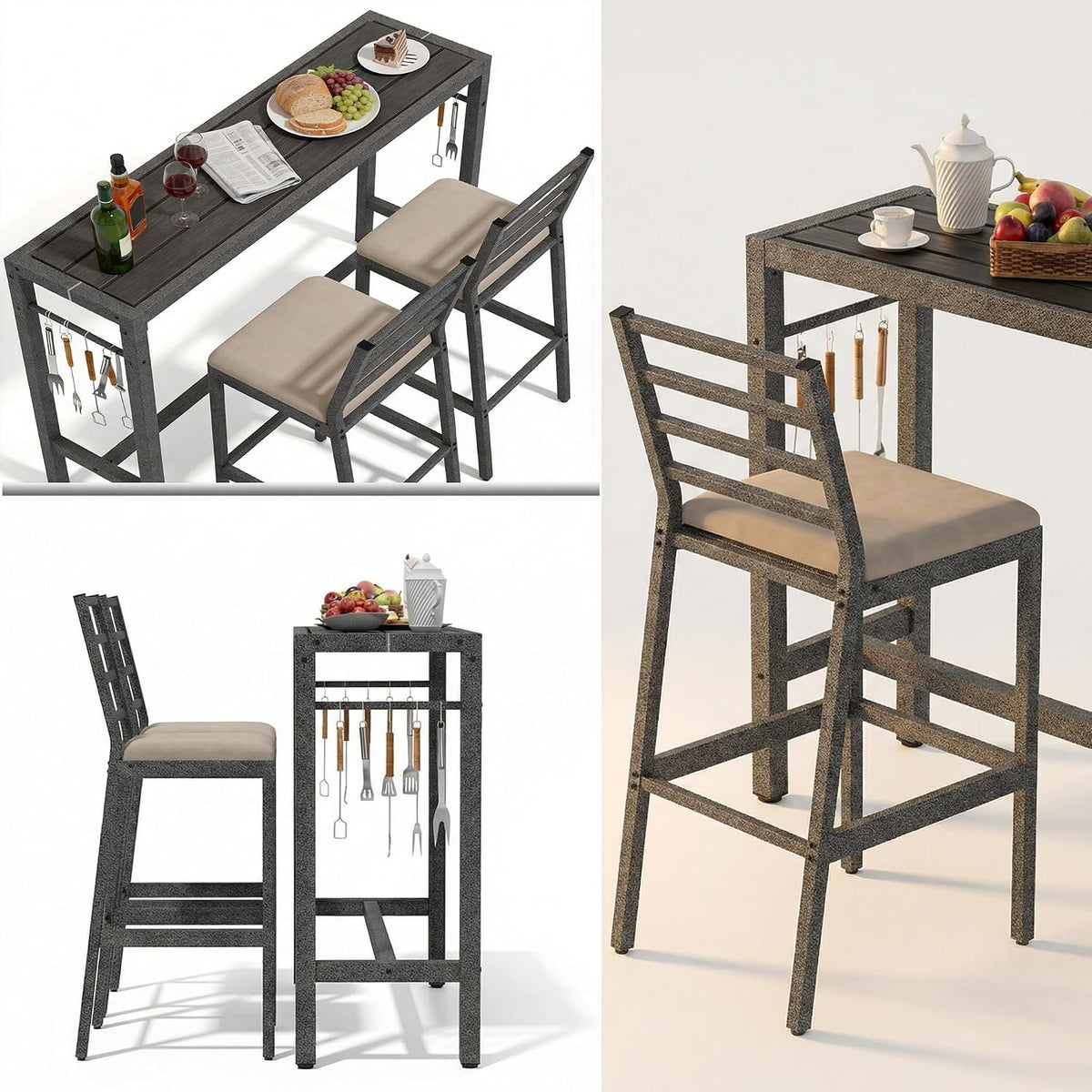 3Pcs Outdoor Patio Bar Set, 55" Rectangular High Top Table & Chair Set