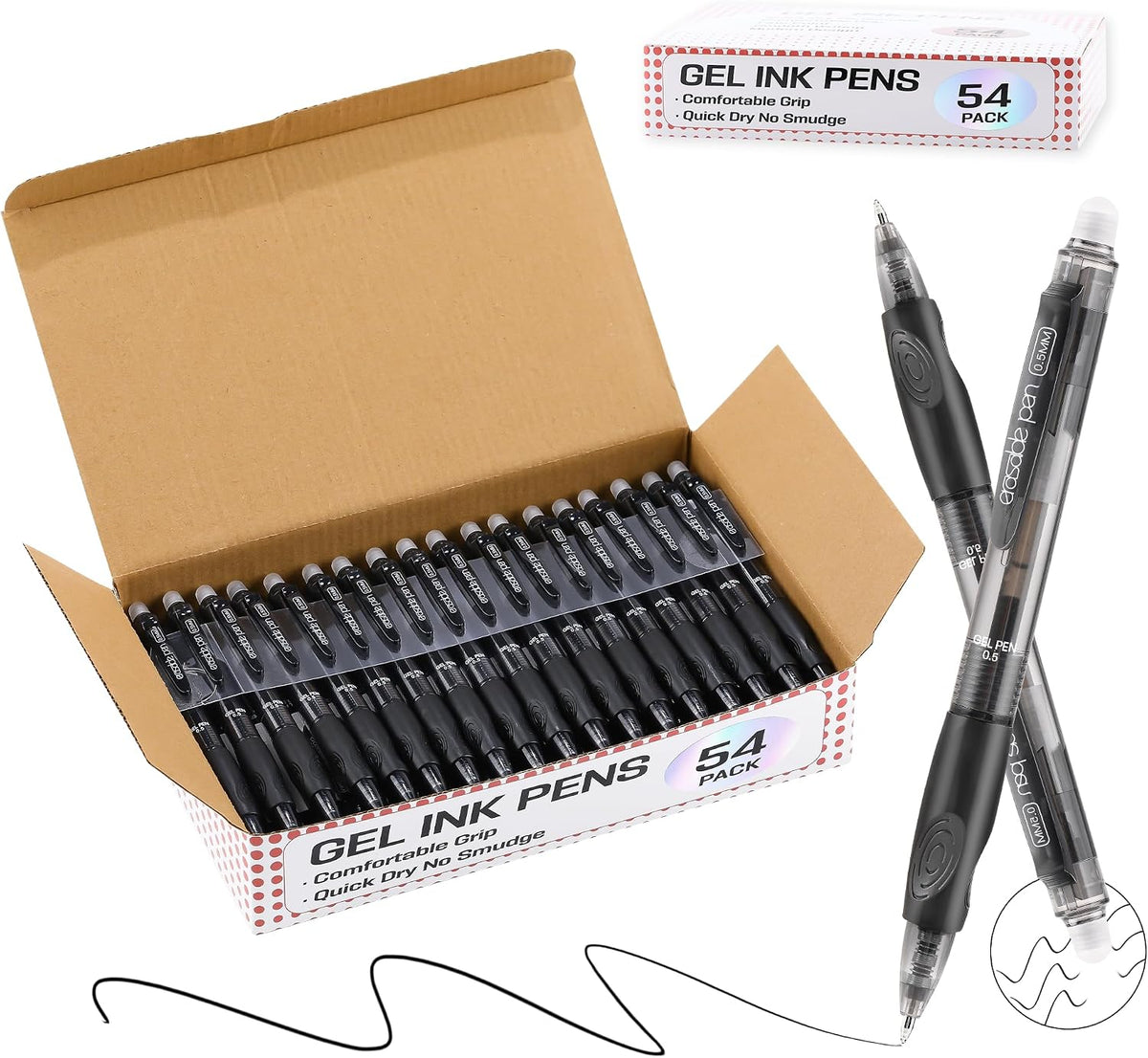 USUAL 54 Pack Black Retractable Erasable Gel Pens Clicker, Fine Point 0.5mm
