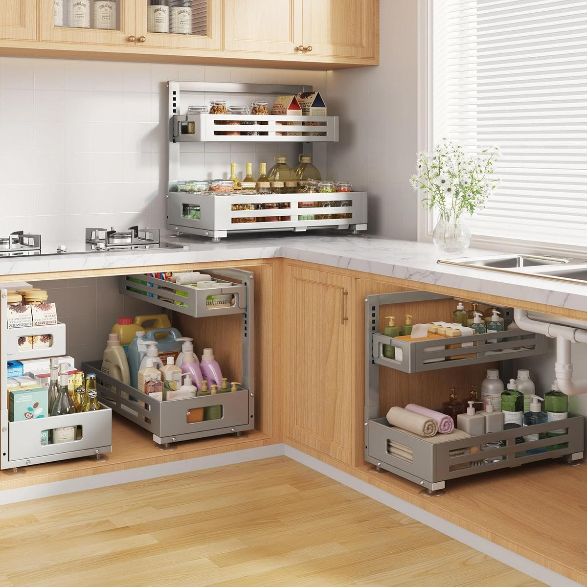 2 Pack 19IN-Depth Under Sink Organizer,Pull Out Cabinet Organizer With Smooth...