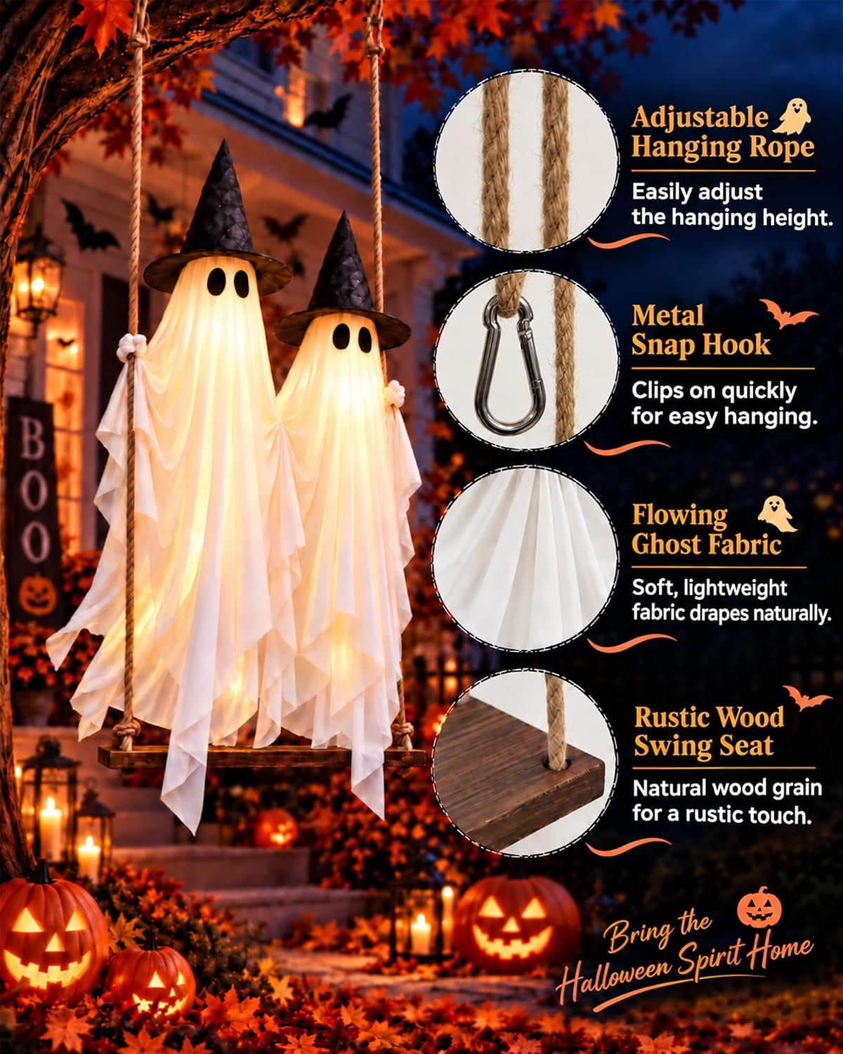 Evoio Halloween Swinging Ghost Outdoor Decor, Two 5FT Ghosts on a Swing, Ligh...