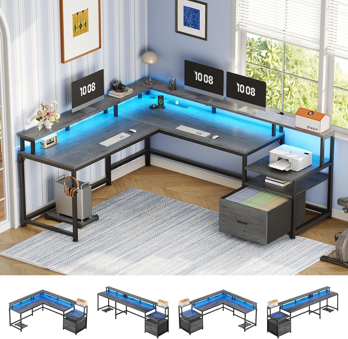 SEDETA 66" Reversible L Shaped Computer Desk with Power Outlet, File Drawer