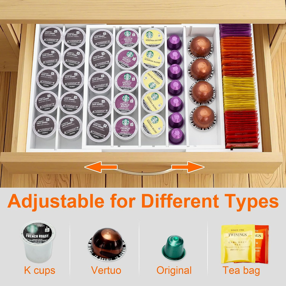 MinBoo Bamboo Drawer Organizer - Expandable K Cup & Pods Holder, Coffee P...