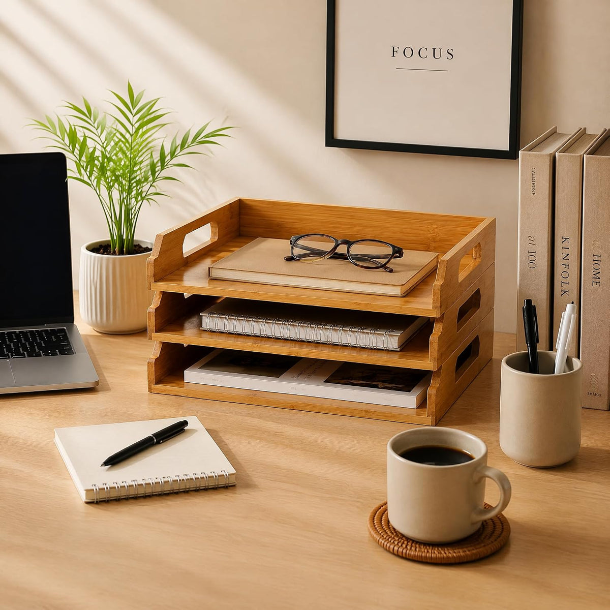 Okllen 3 Pack Stackable Paper Trays, Bamboo Desk Letter Tray Set, 3 Tier File...