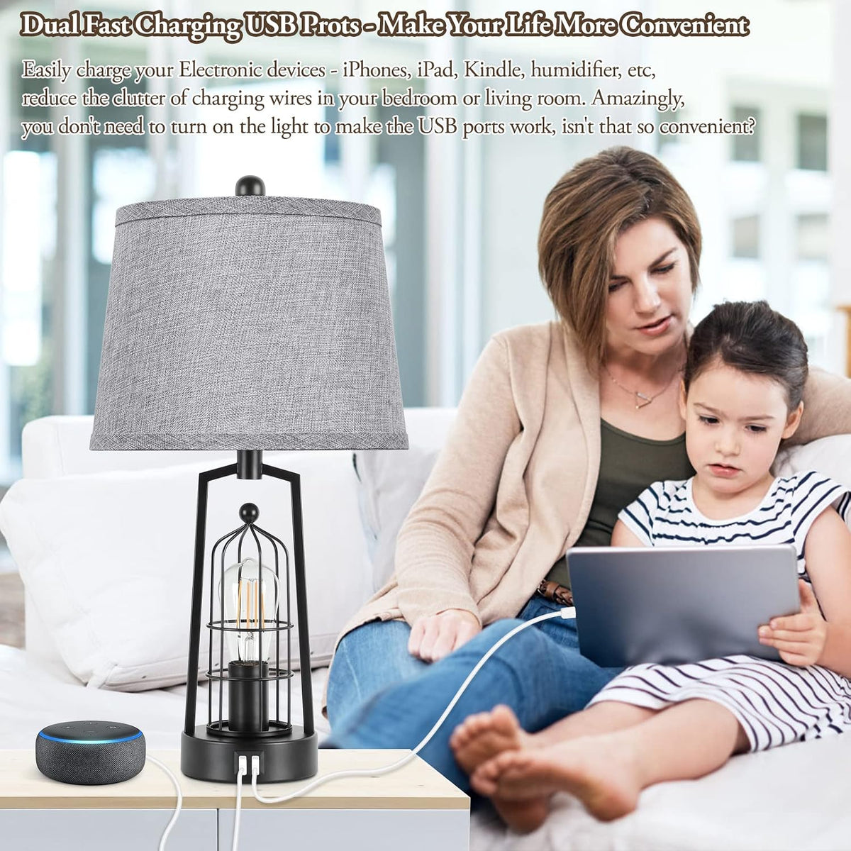 Farmhouse Table Lamps with 2 USB Ports, Set of 2 Rustic Industrial Desk Lamp ...