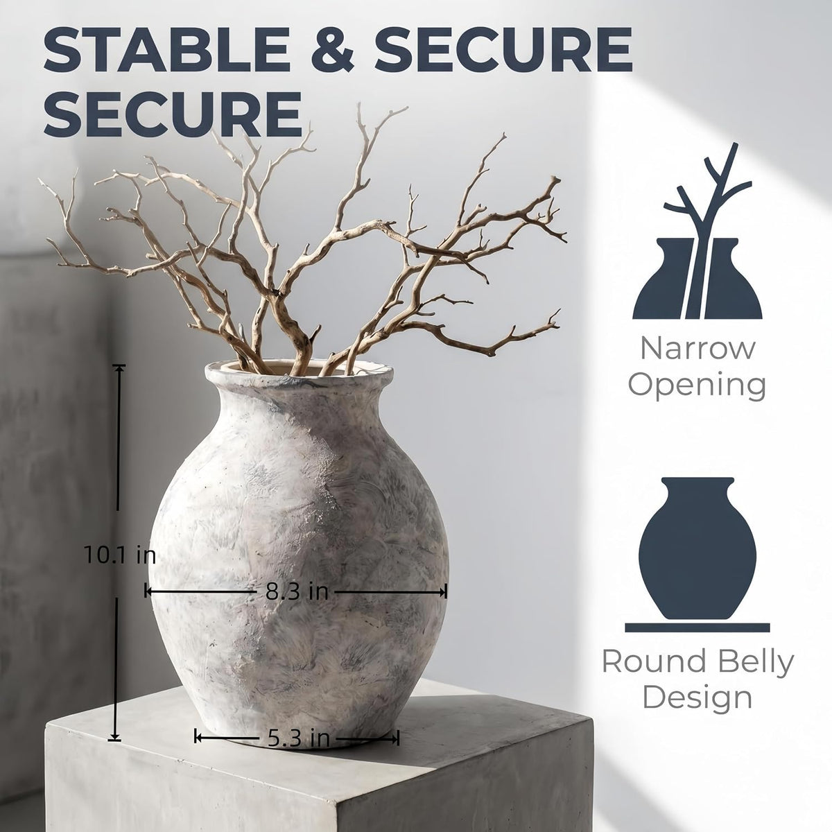 Lvases 10in XL White Ceramic Vase, Aged Stone Cement Mediterranean Vase