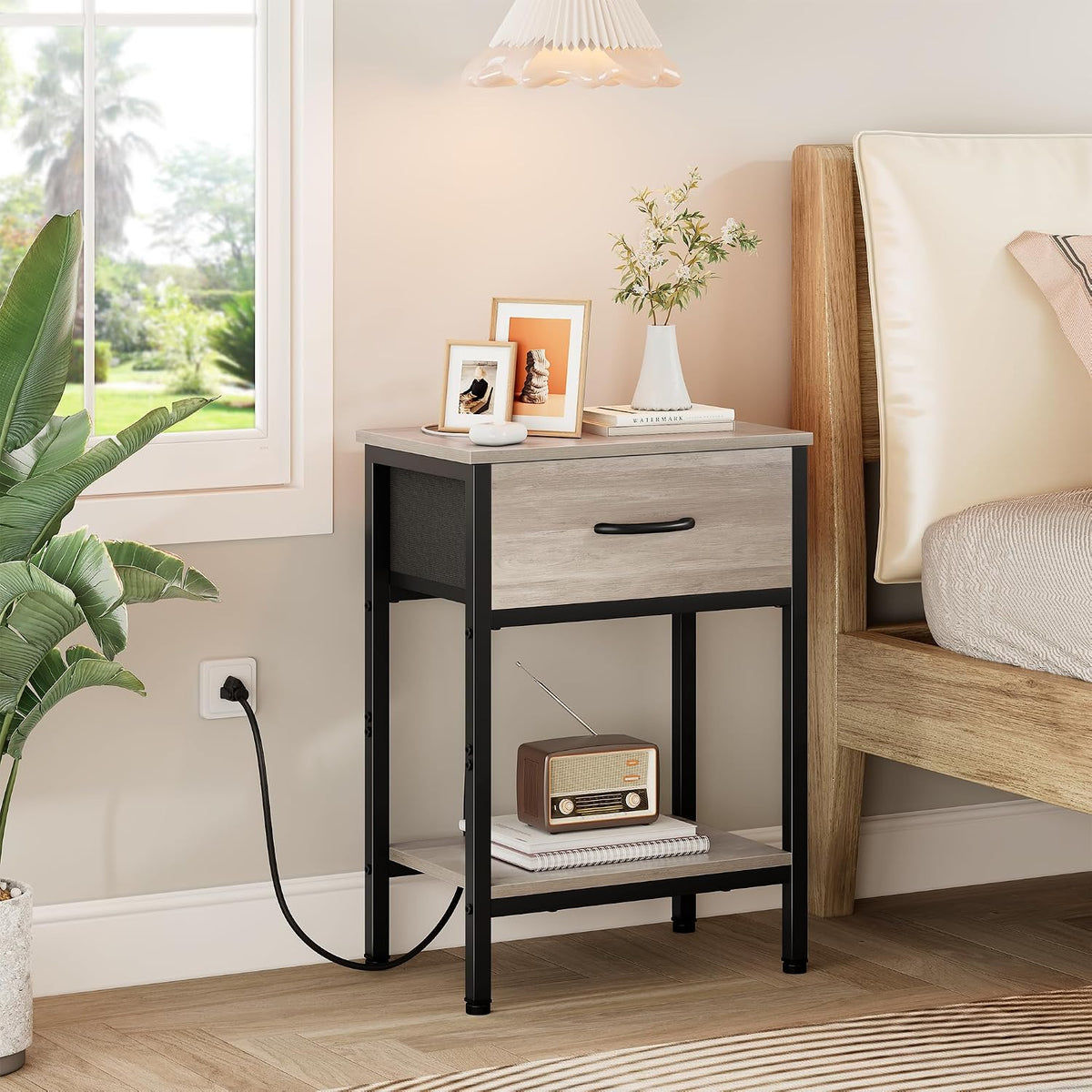 Vagusicc Nightstand with Charging Station, End Table with Fabric Drawer, Smal...