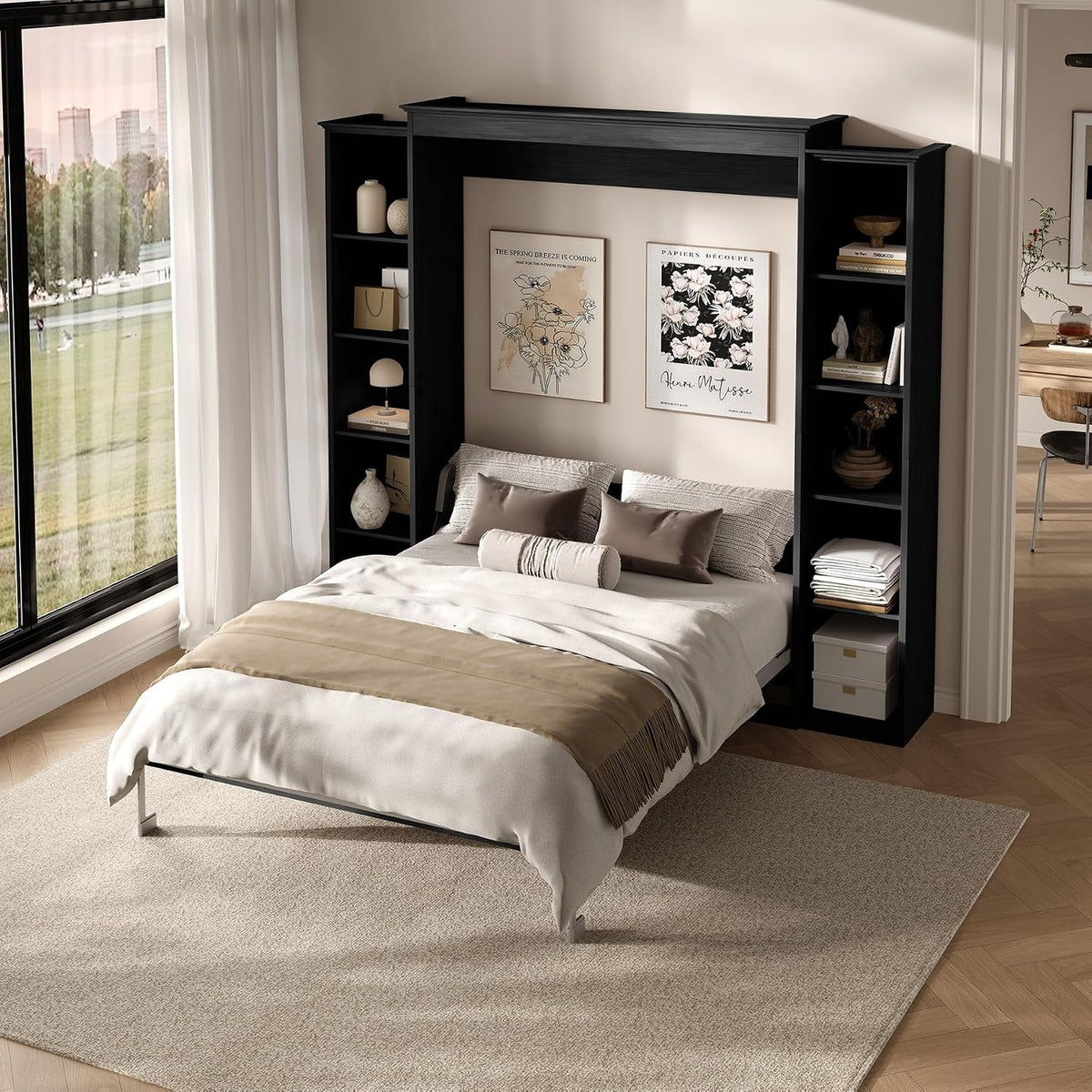 Rophefx Queen Murphy Bed Cabinet with 5-Tier Shelves, Wall Bed,Black Gray