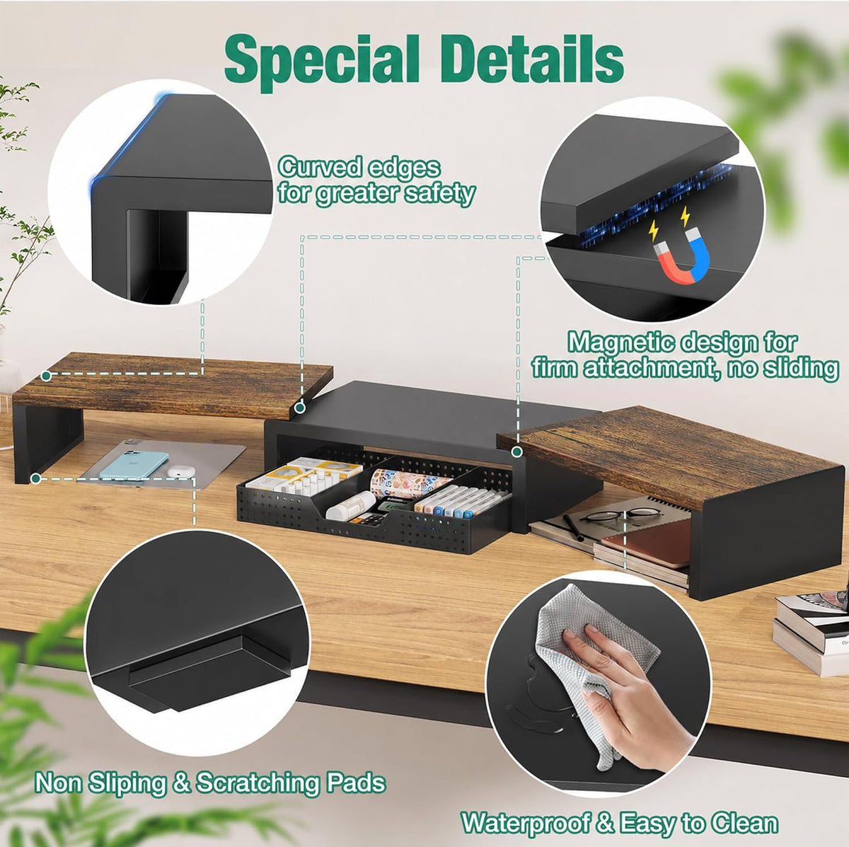 OPNICE Dual Computer Monitor Stand Riser, Desk Organizer with Drawer, Office ...
