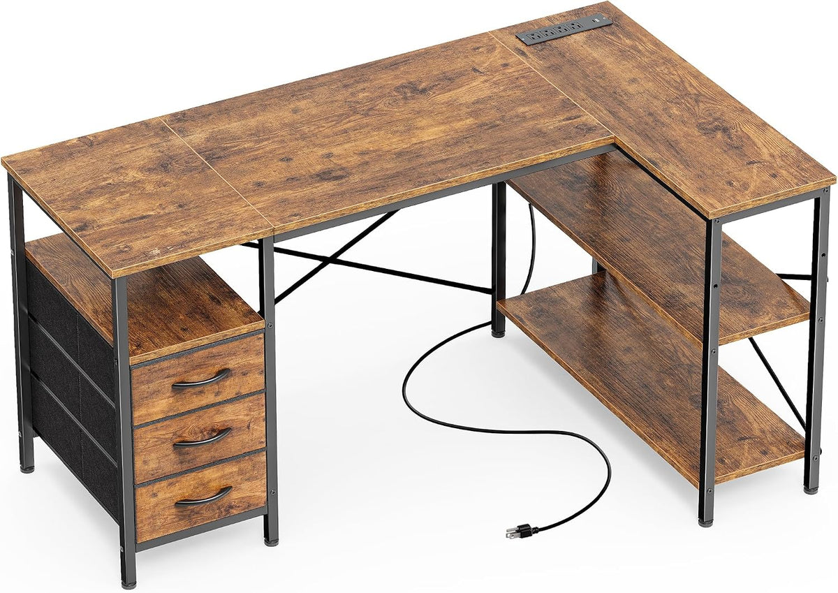 Huuger L Shaped Office Desk with Power Outlets & 3 Drawers