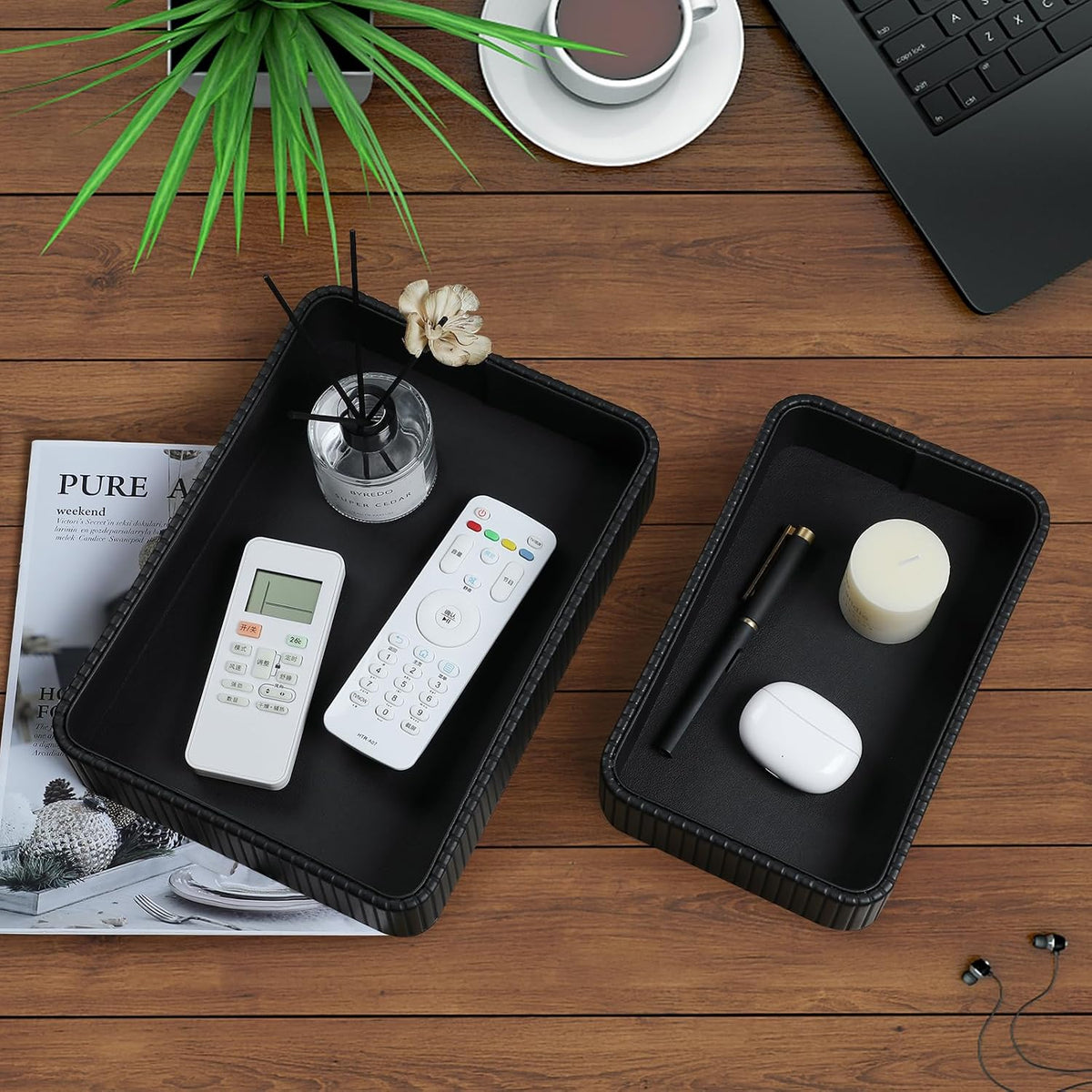 Desk Organizer Tray, PU Leather Nightstand Organizer, Black 2-Pack