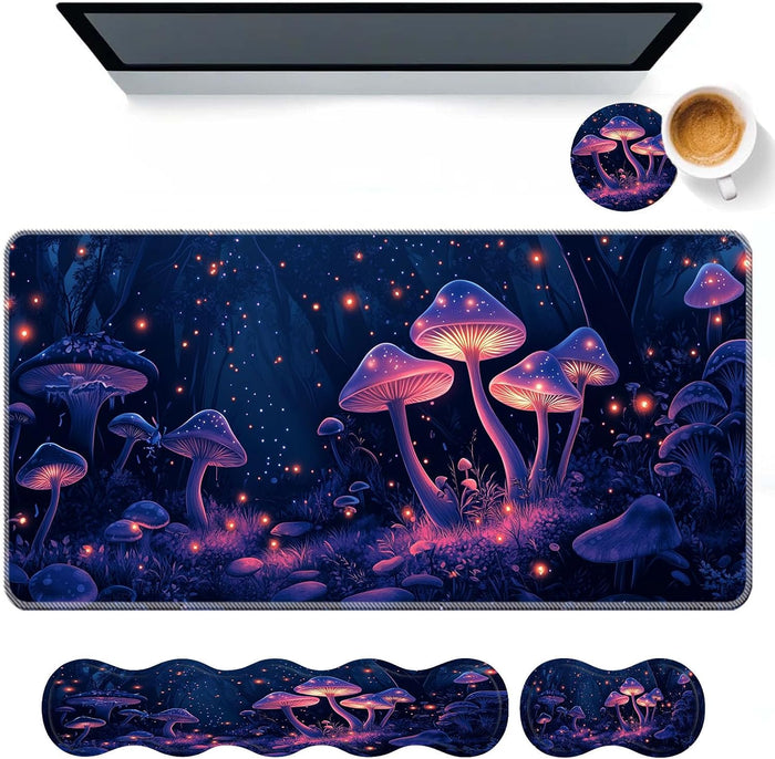 Keyboard Mouse Pad Set,Large Desk Pad+Keyboard Wrist Rest+Mouse Wrist Support+Coaster,Easy Typing Pain Relief Non-Slip Wrist Support Mousepad Set Home Office,Glowing Mushrooms