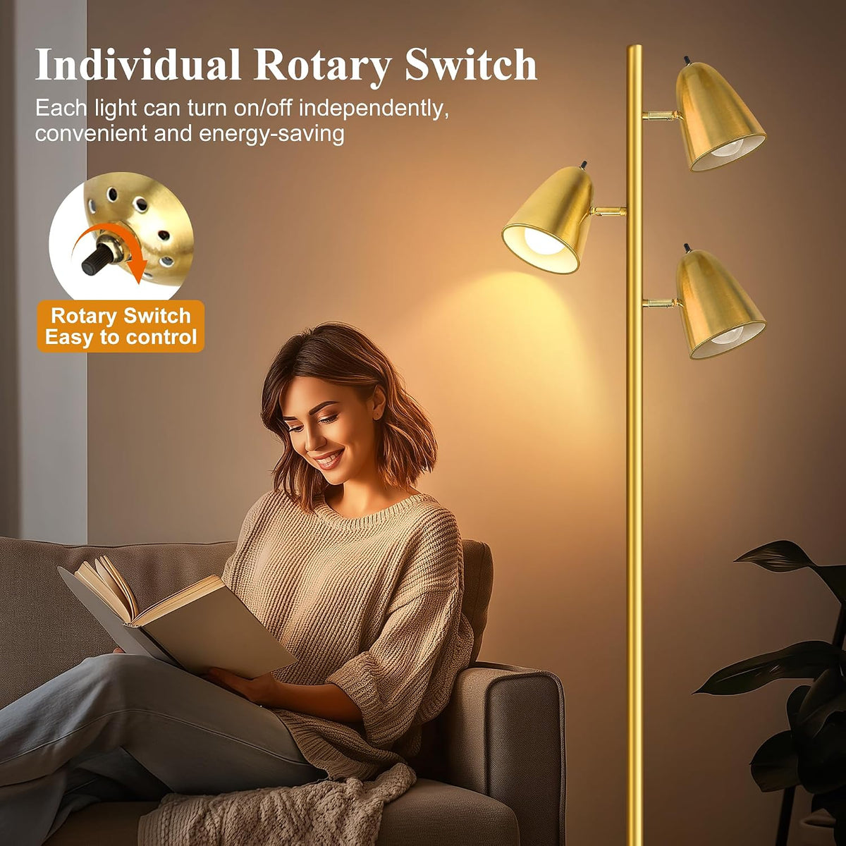 QiMH Tree Floor Lamp with 3 Light Bulbs, Standing Tall Pole Lamps for Living ...