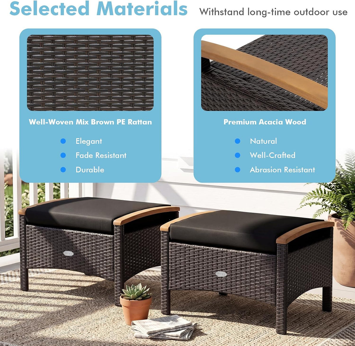 Tangkula 2 Piece Patio Rattan Ottomans