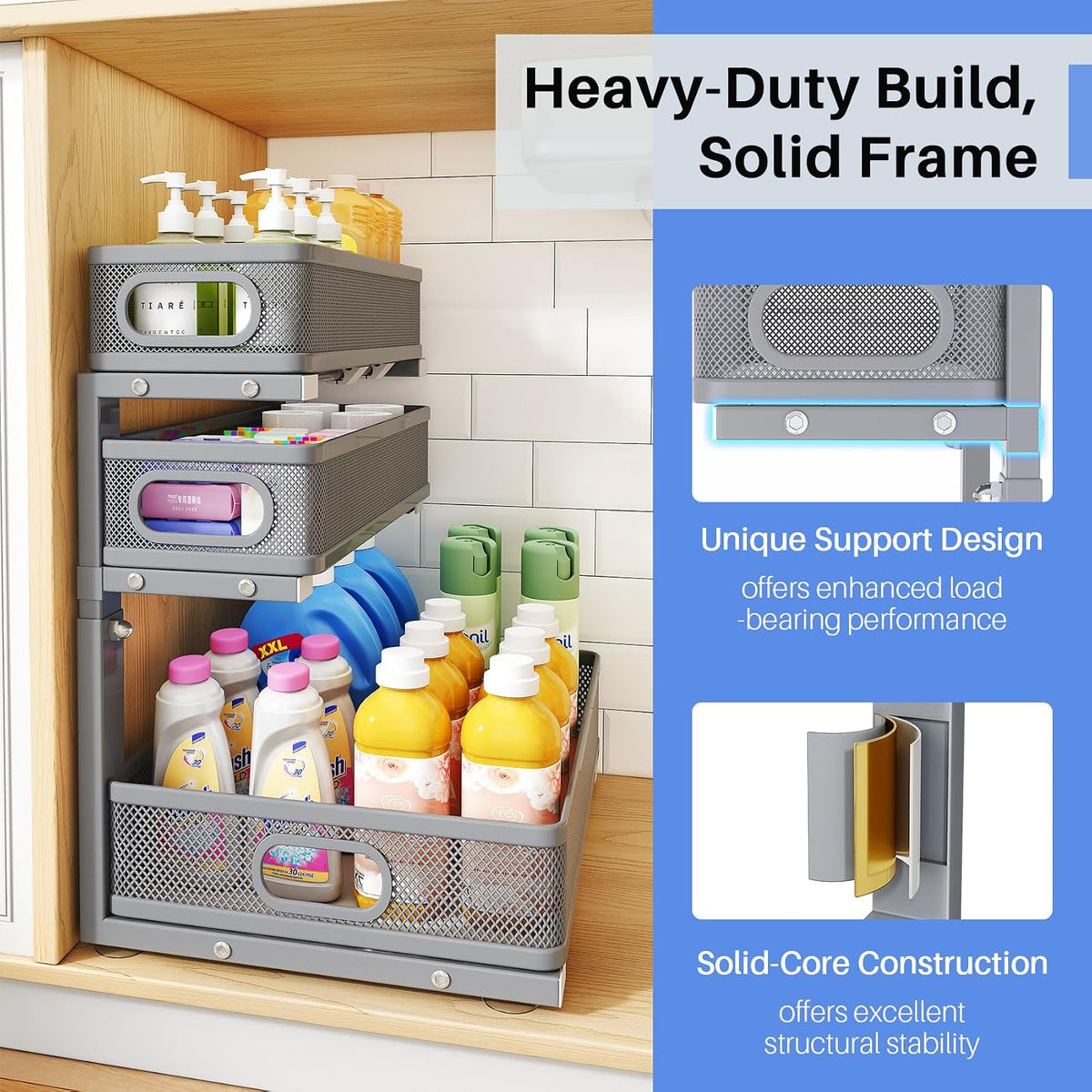Under Sink Organizer, 3-Tier Thickened Metal Pull out Cabinet Organizer Shelf...