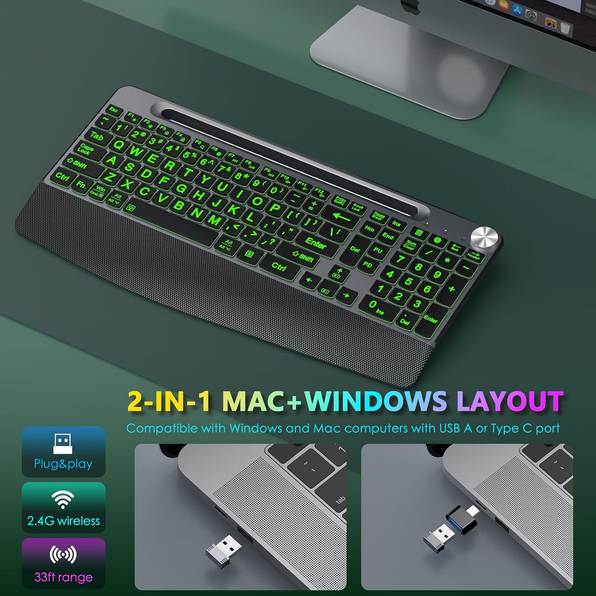 JOYACCESS Large Print Backlit Wireless Keyboard with Phone Holder,Wrist Rest ...