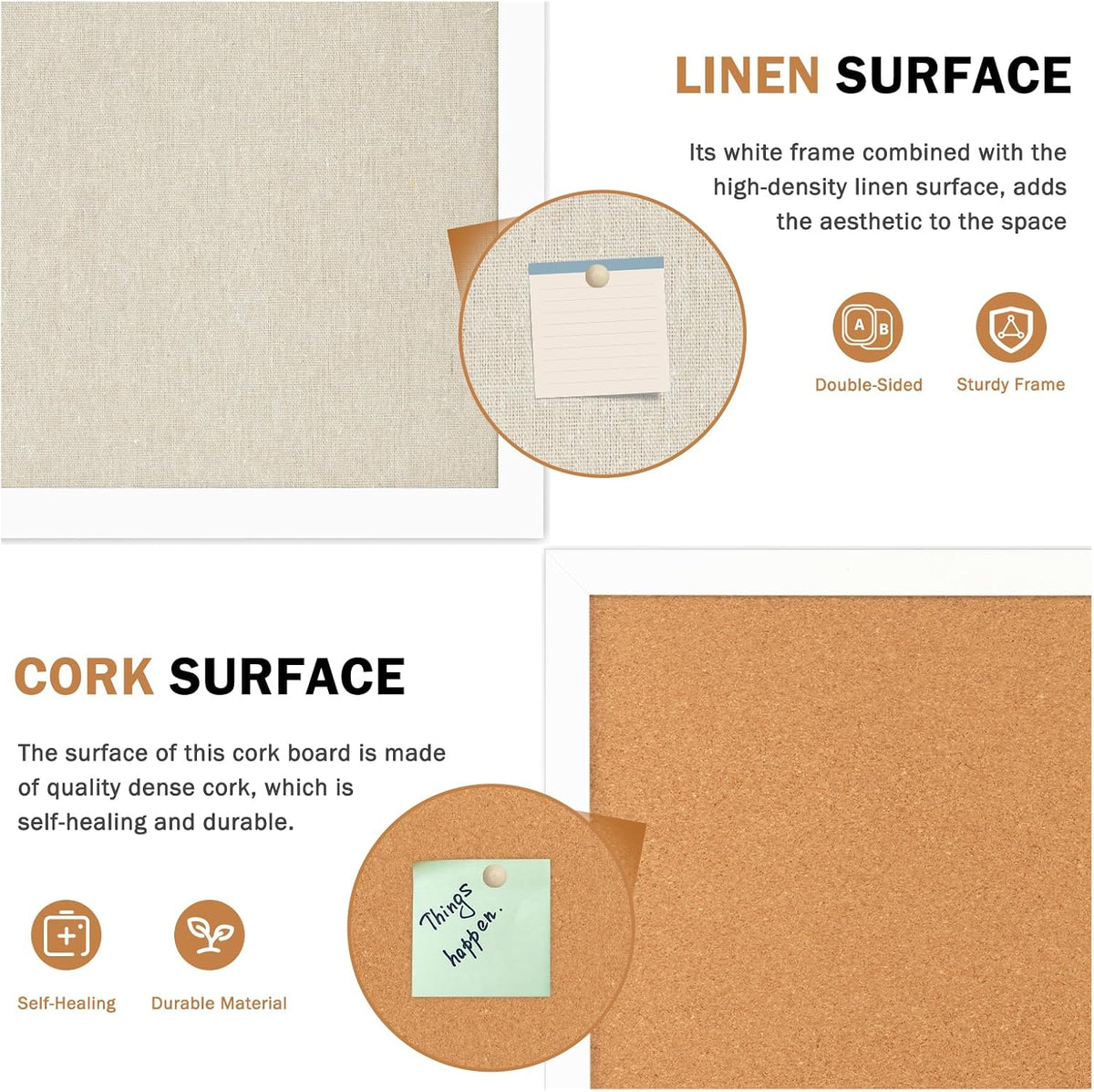 Double-Sided Wood Framed Cork Board with Linen, 36" x 24"