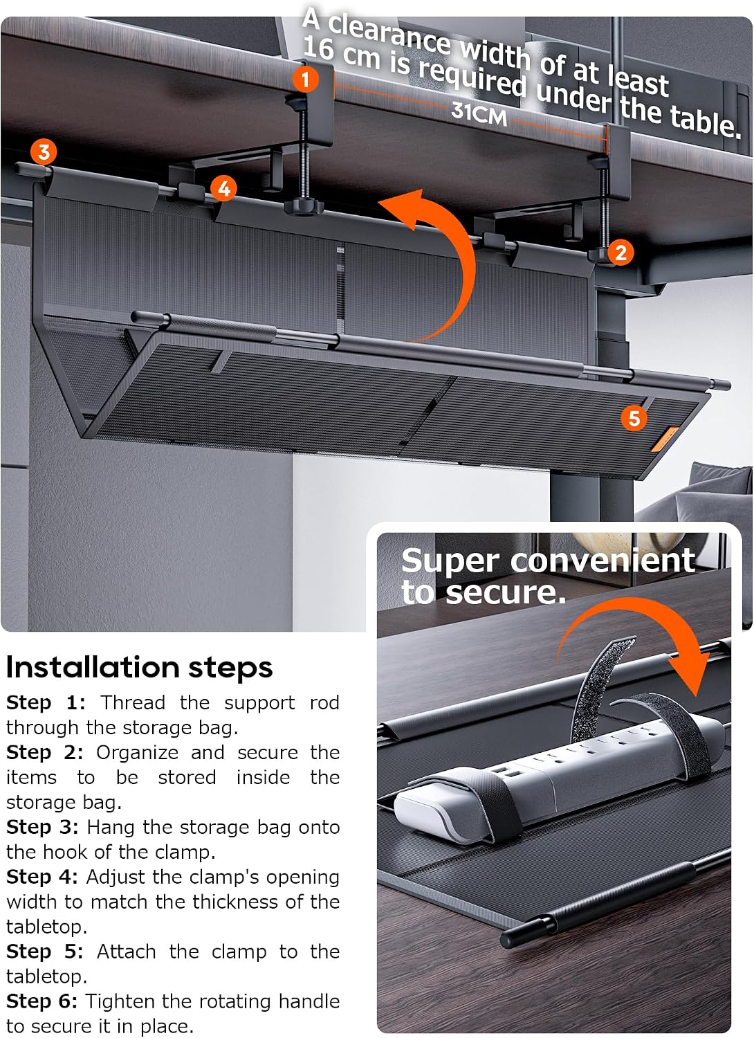 Under Desk Cable Management Tray, Mesh Fabric - Excellent Heat Dissipation