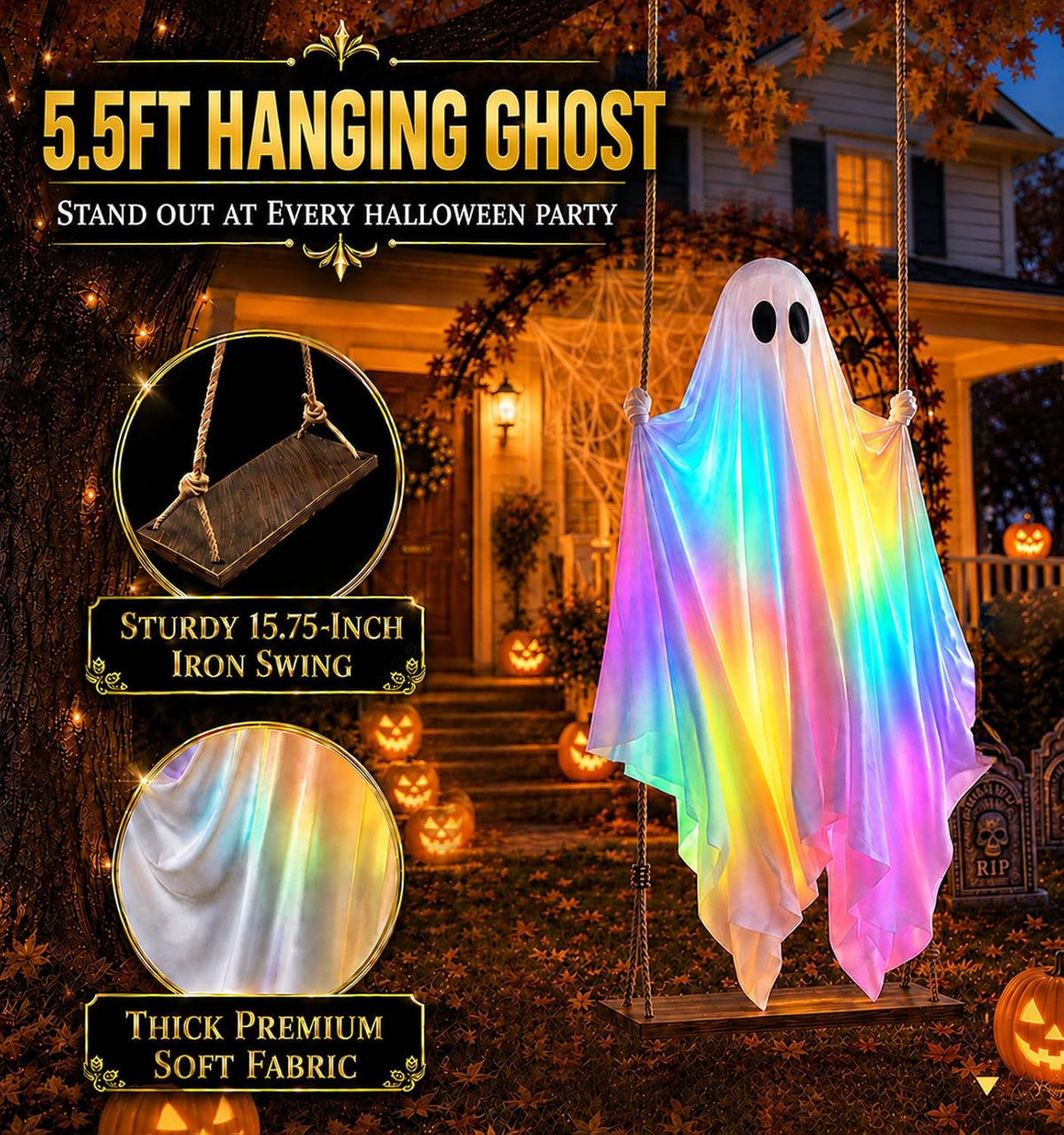 Halloween Decorations Outdoor - 5.5FT Large Hanging Swing Ghost