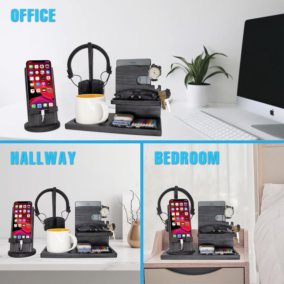 Gift for Men Nightstand Organizer with Headphone Stand & Rotating Phone S...