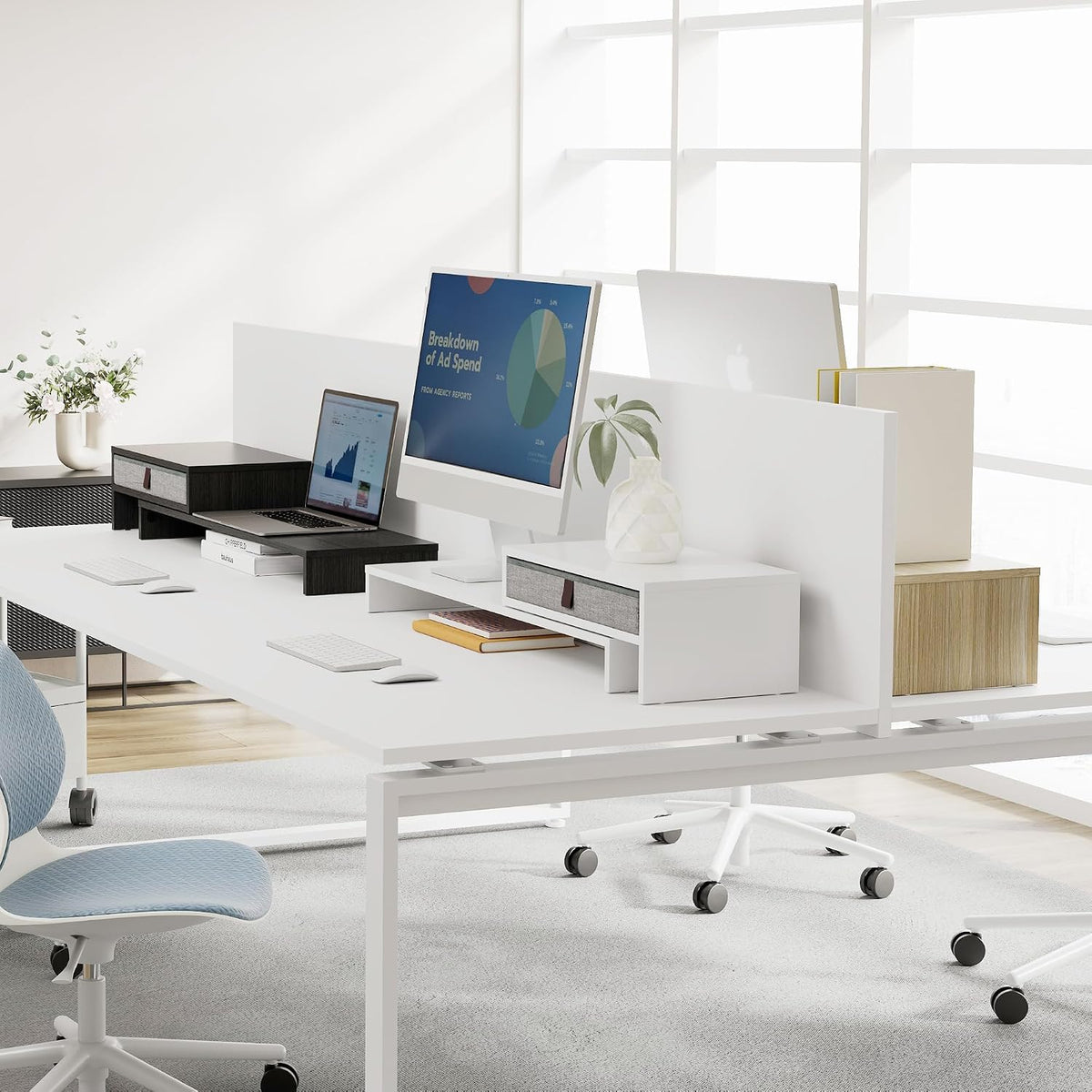 Fenge Triple Monitor Stand with Storage Drawer, Adjustable Length and Angle