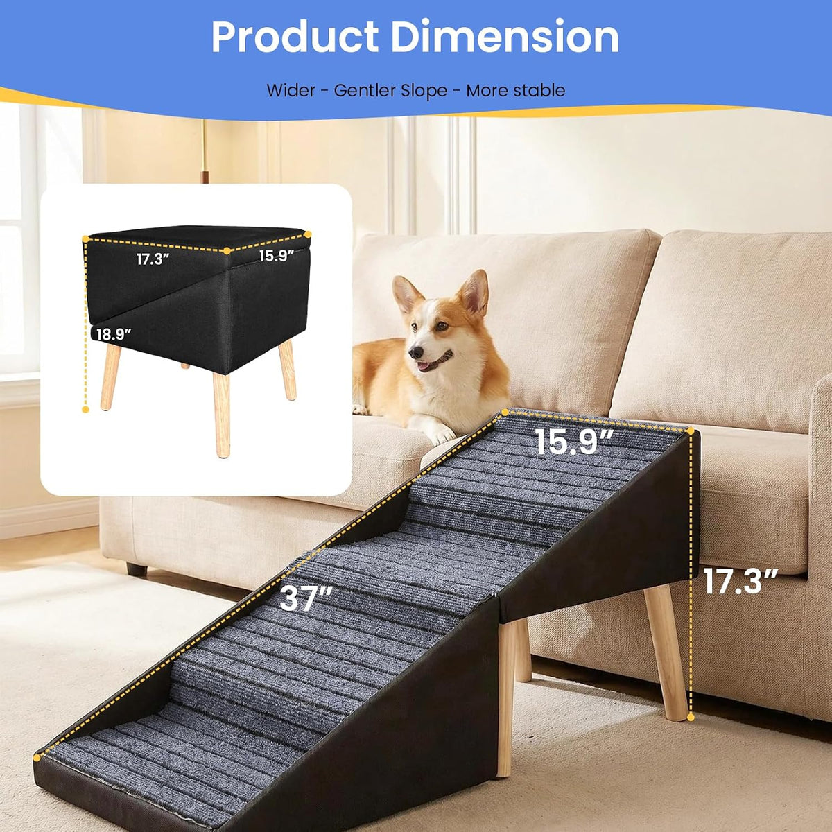 GYKLE 17.3" Foldable Wooden Dog Stairs & Ottoman, 2-in-1 Pet Ramp