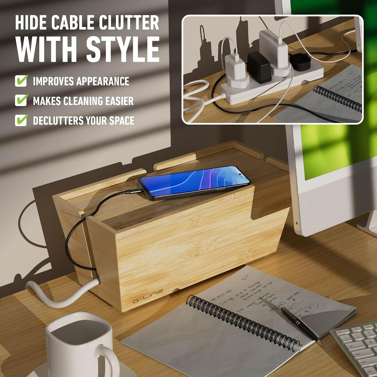 D-Line Bamboo Cable Management Box – Hide Power Strips, Large Cable Organizer...