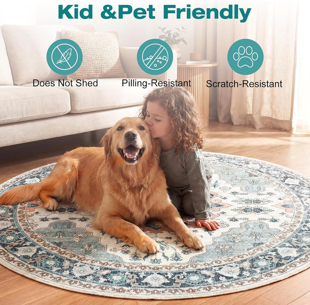 6ft Round Washable Rug for Reading Nook, Soft Vintage Floral Carpet